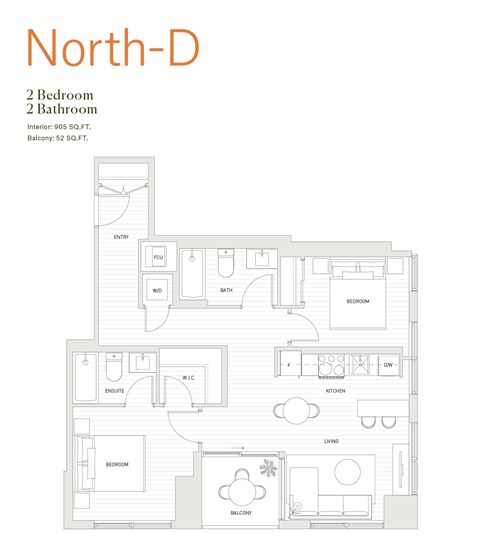 Floor plan for 2 beds, 2 baths, 907 sqft